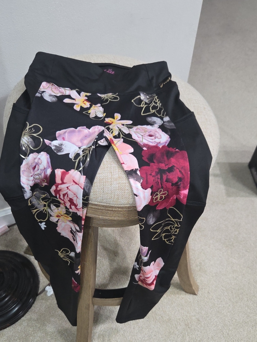 Justice Black Floral Leggings with Pink & Burgundy Flowers